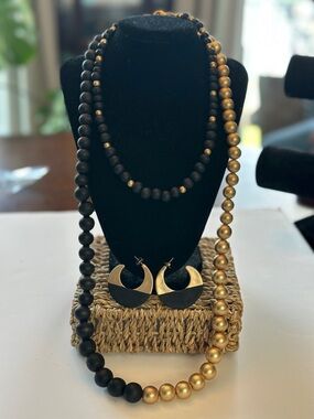 Two-Tone Black and Gold Beaded Necklace Set with Half-Moon Earrings